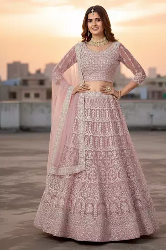 Pink Net Embroidered Lehenga With Choli And Net Dupatta