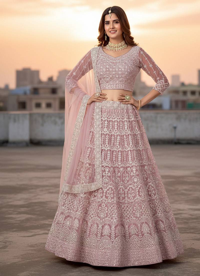 Pink Net Embroidered Lehenga With Choli And Net Dupatta