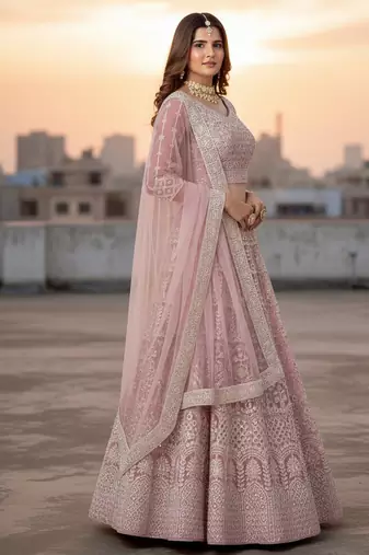 Pink Net Embroidered Lehenga With Choli And Net Dupatta