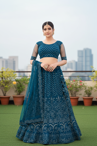 Teal Net Embroidered Lehenga With Choli And Net Dupatta