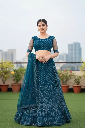 Teal Net Embroidered Lehenga With Choli And Net Dupatta