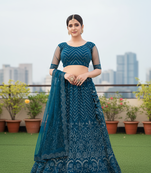 Teal Net Embroidered Lehenga With Choli And Net Dupatta