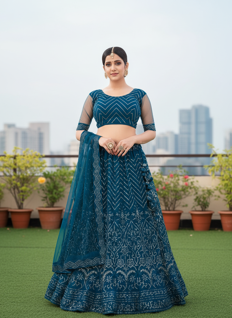Teal Net Embroidered Lehenga With Choli And Net Dupatta