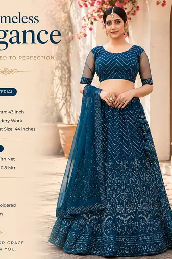 Teal Net Embroidered Lehenga With Choli And Net Dupatta