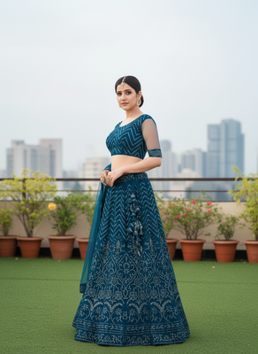 Teal Net Embroidered Lehenga With Choli And Net Dupatta 3