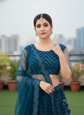 Teal Net Embroidered Lehenga With Choli And Net Dupatta 4