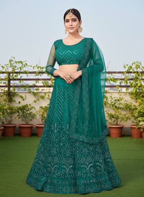 Green Net Embroidered Lehenga With Choli And Net Dupatta 1