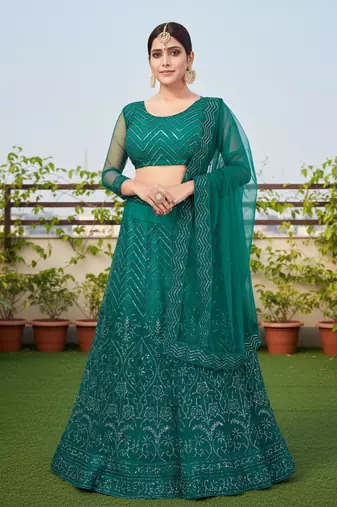 Green Net Embroidered Lehenga With Choli And Net Dupatta