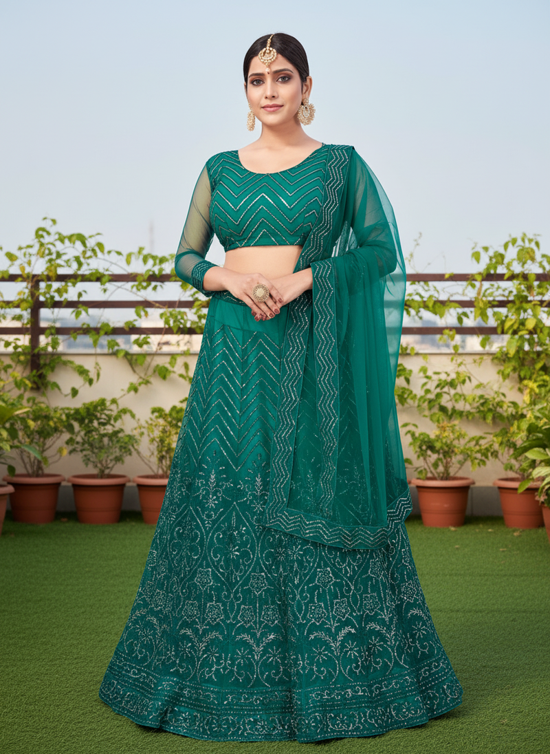 Green Net Embroidered Lehenga With Choli And Net Dupatta