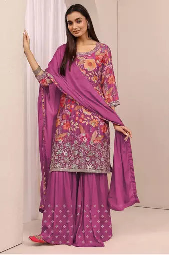 Pink color embroideried chinon semi stitched palazzo suit