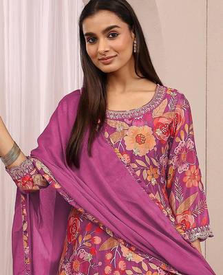 Pink color embroideried chinon semi stitched palazzo suit 2