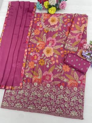 Pink color embroideried chinon semi stitched palazzo suit 3