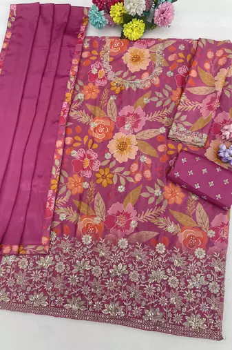 Pink color embroideried chinon semi stitched palazzo suit