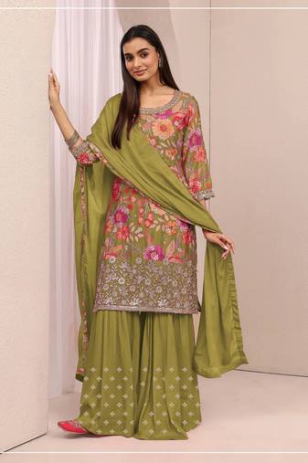 Pista green color embroideried chinon semi stitched palazzo suit