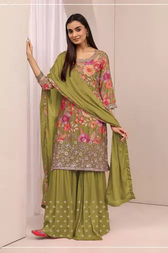 Pista green color embroideried chinon semi stitched palazzo suit