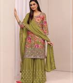 Pista green color embroideried chinon semi stitched palazzo suit