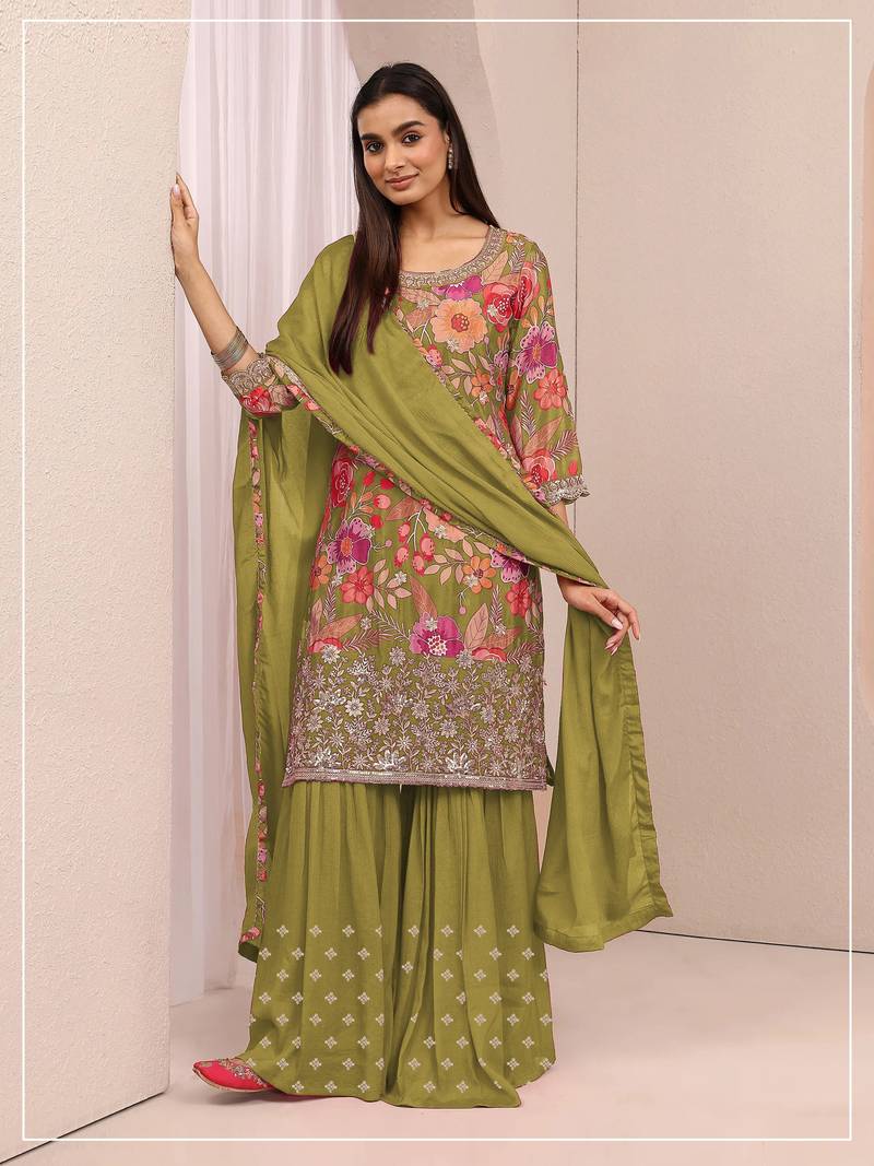 Pista green color embroideried chinon semi stitched palazzo suit