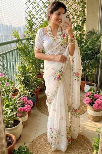 White Color  floral prints And Hand Work Silk Blend Saree