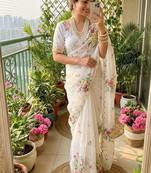 White Color  floral prints And Hand Work Silk Blend Saree