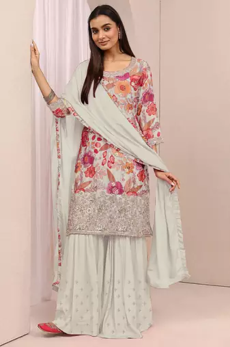 White color embroideried chinon semi stitched palazzo suit