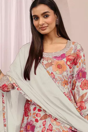 White embroidered chinon palazzo suit