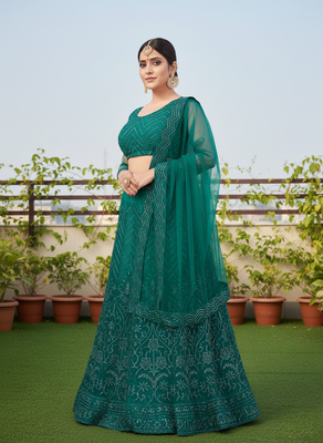 Green Net Embroidered Lehenga With Choli And Net Dupatta 3