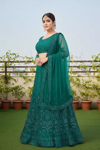 Green Net Embroidered Lehenga With Choli And Net Dupatta