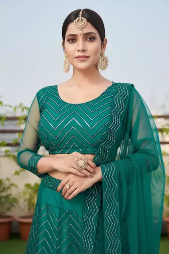Green Net Embroidered Lehenga With Choli And Net Dupatta