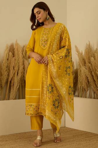 Floral embroidered silk blend round neck kurta trouser & dupatta set