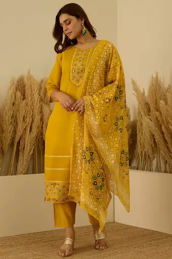 Floral embroidered silk blend round neck kurta trouser & dupatta set