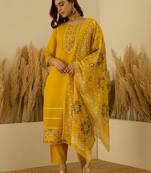 Floral embroidered silk blend round neck kurta trouser & dupatta set