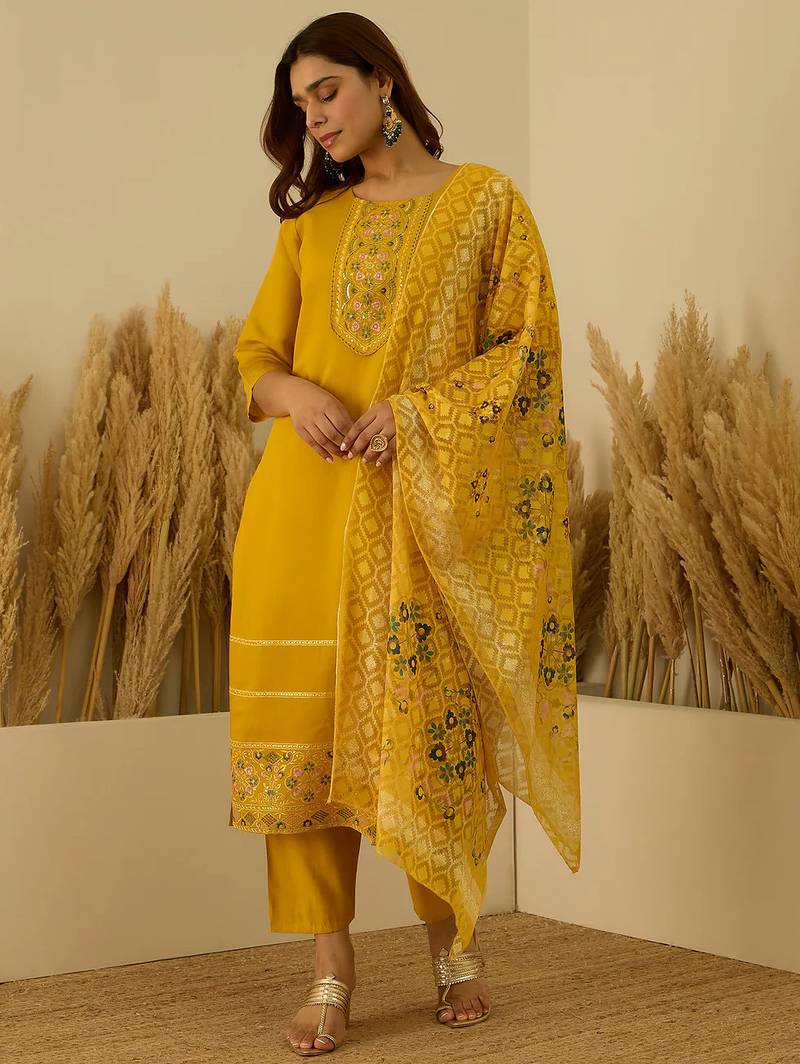 Floral embroidered silk blend round neck kurta trouser & dupatta set