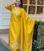 Floral embroidered silk blend v neck kurta trouser & dupatta set