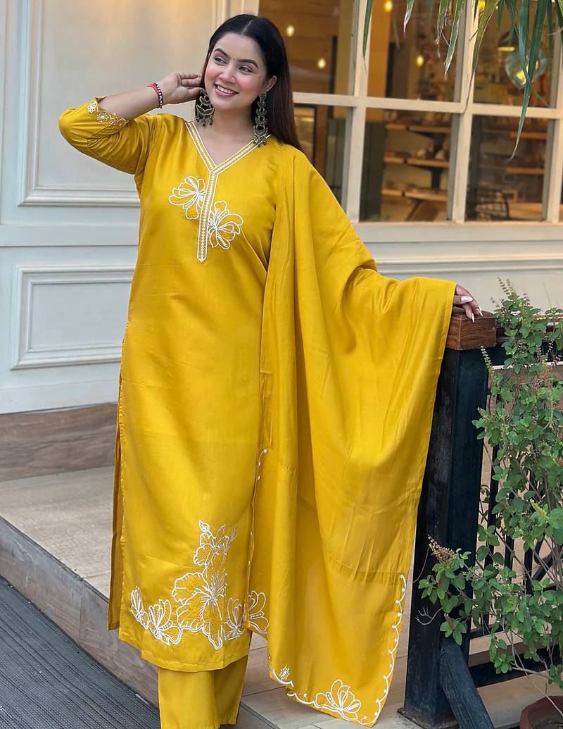 Floral embroidered silk blend v neck kurta trouser & dupatta set