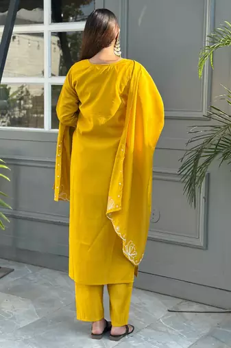 Floral embroidered silk blend v neck kurta trouser & dupatta set
