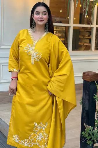 Floral embroidered silk blend v neck kurta trouser & dupatta set