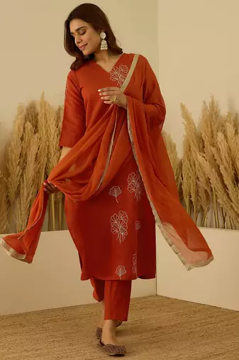 Floral printed silk blend v neck kurta trouser & dupatta set