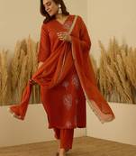 Floral printed silk blend v neck kurta trouser & dupatta set