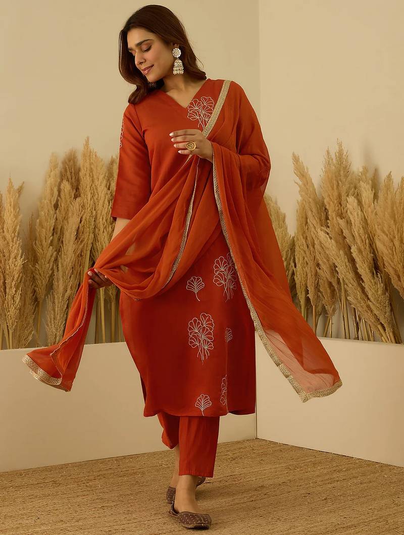Floral printed silk blend v neck kurta trouser & dupatta set