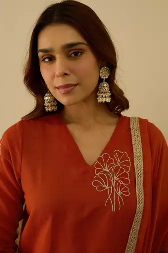 Floral printed silk blend v neck kurta trouser & dupatta set
