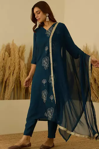 Floral printed silk blend v neck kurta trouser & dupatta set