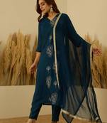 Floral printed silk blend v neck kurta trouser & dupatta set