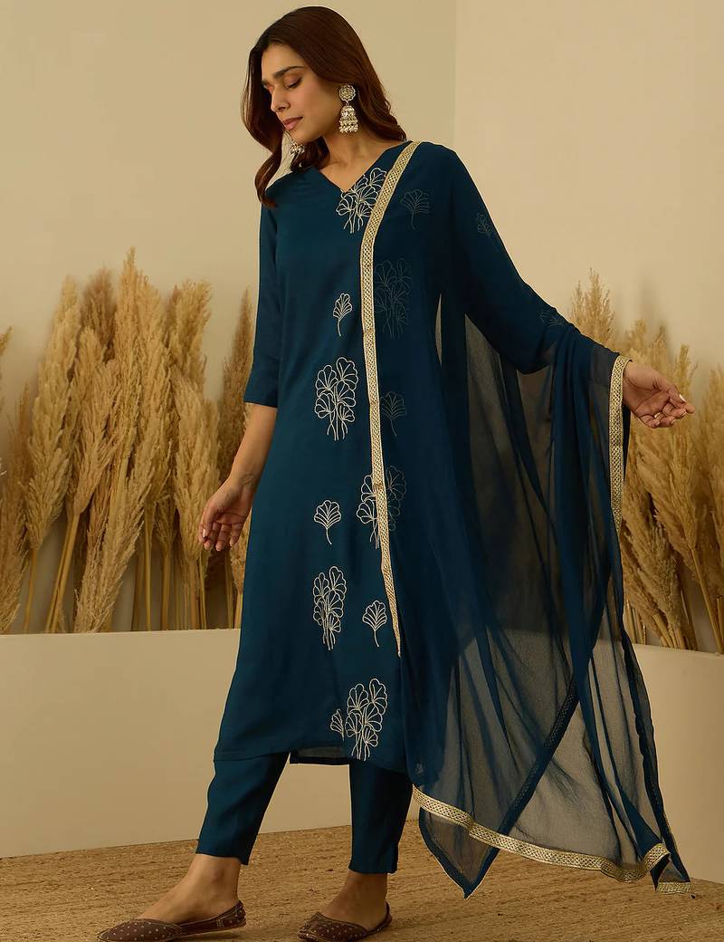 Floral printed silk blend v neck kurta trouser & dupatta set