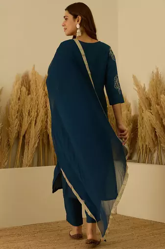 Floral printed silk blend v neck kurta trouser & dupatta set