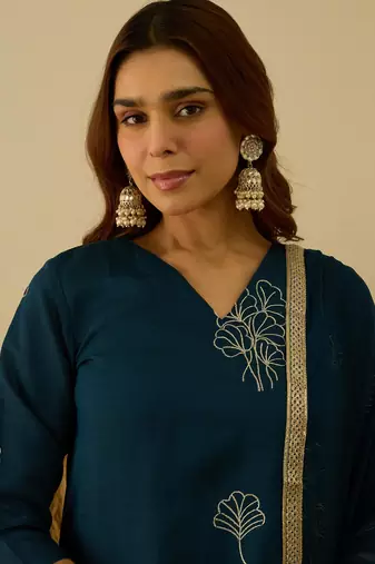 Floral printed silk blend v neck kurta trouser & dupatta set