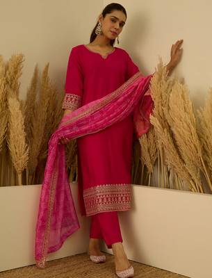 Floral embroidered silk blend round neck kurta trouser & dupatta set 1