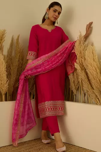 Floral embroidered silk blend round neck kurta trouser & dupatta set