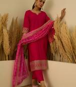 Floral embroidered silk blend round neck kurta trouser & dupatta set