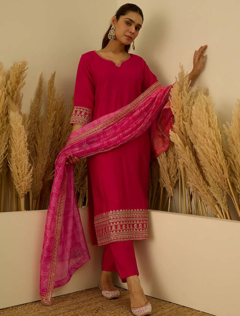 Floral embroidered silk blend round neck kurta trouser & dupatta set