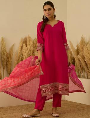 Floral embroidered silk blend round neck kurta trouser & dupatta set 3
